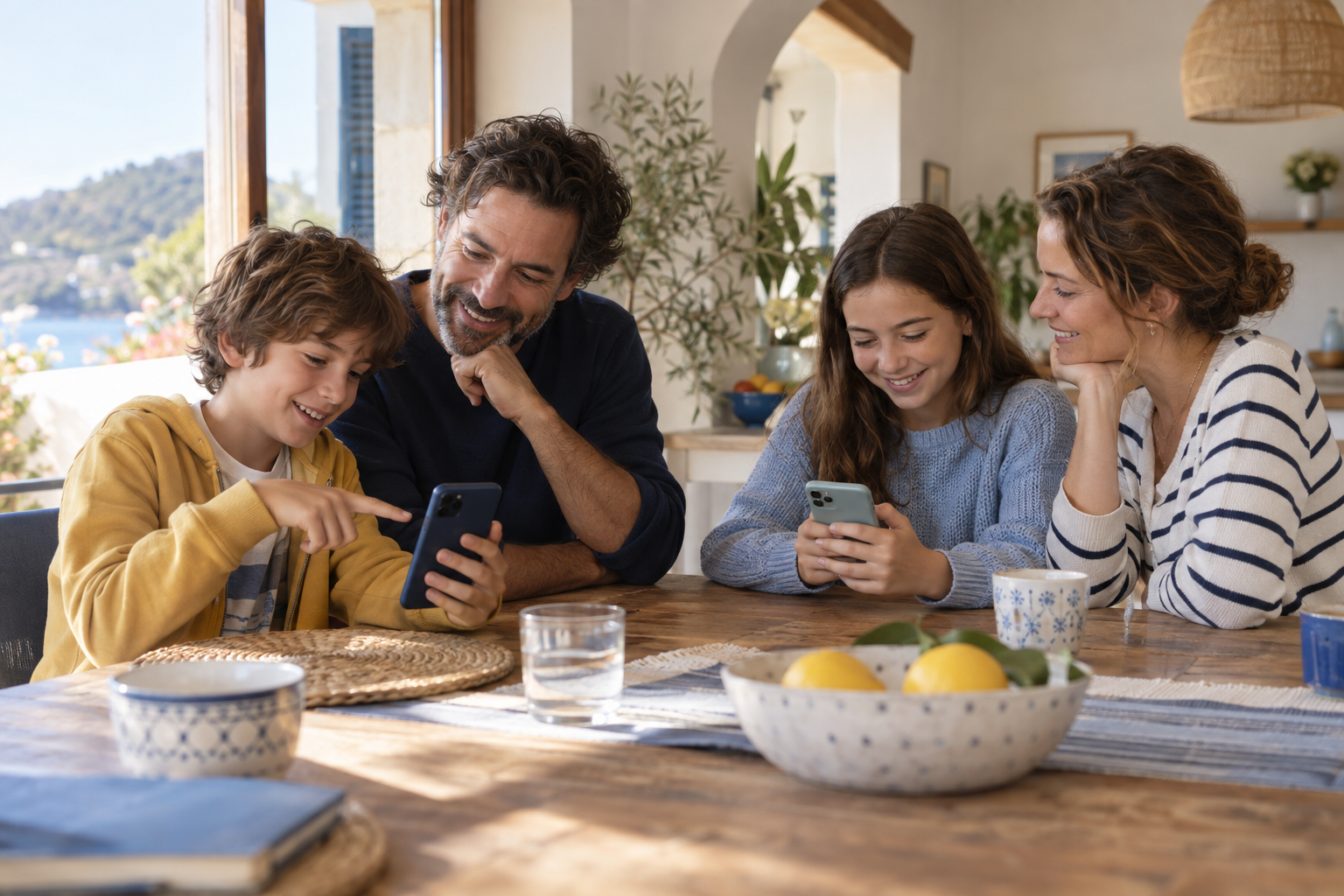 Imagen ilustrativa de padres e hijos aprendiendo juntos con móviles